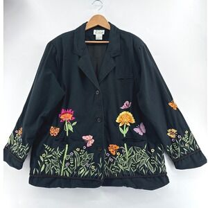 Artist Cottagecore Floral Embroidered Cotton Jacket Chore Pockets Womens Plus 1X